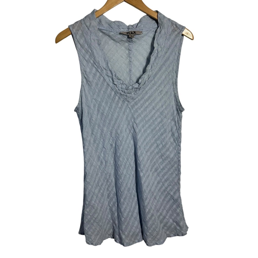 Flax Womens Blue 100% Linen Sleeveless V-Neck Braided Trim Tank Top Size M Coast